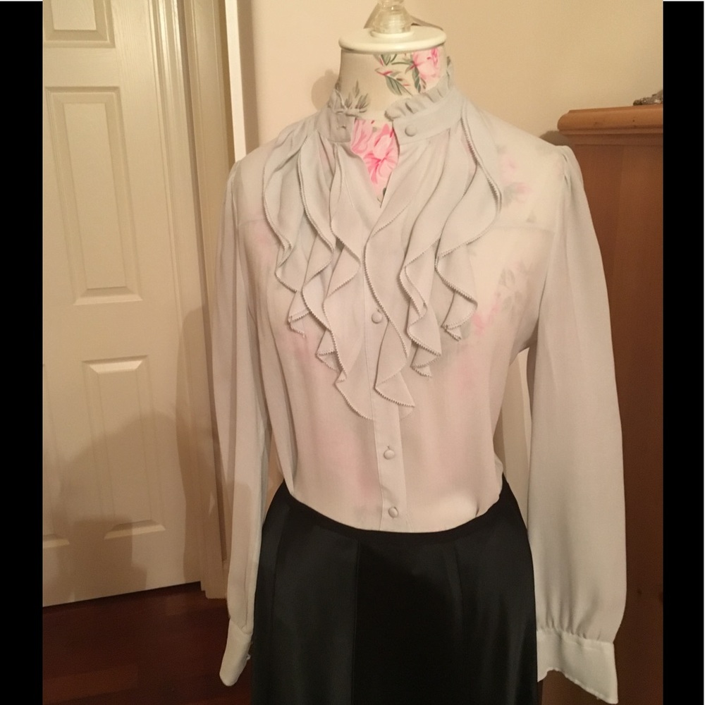 Grey blue silk long sleeve blouse w ruffled collar